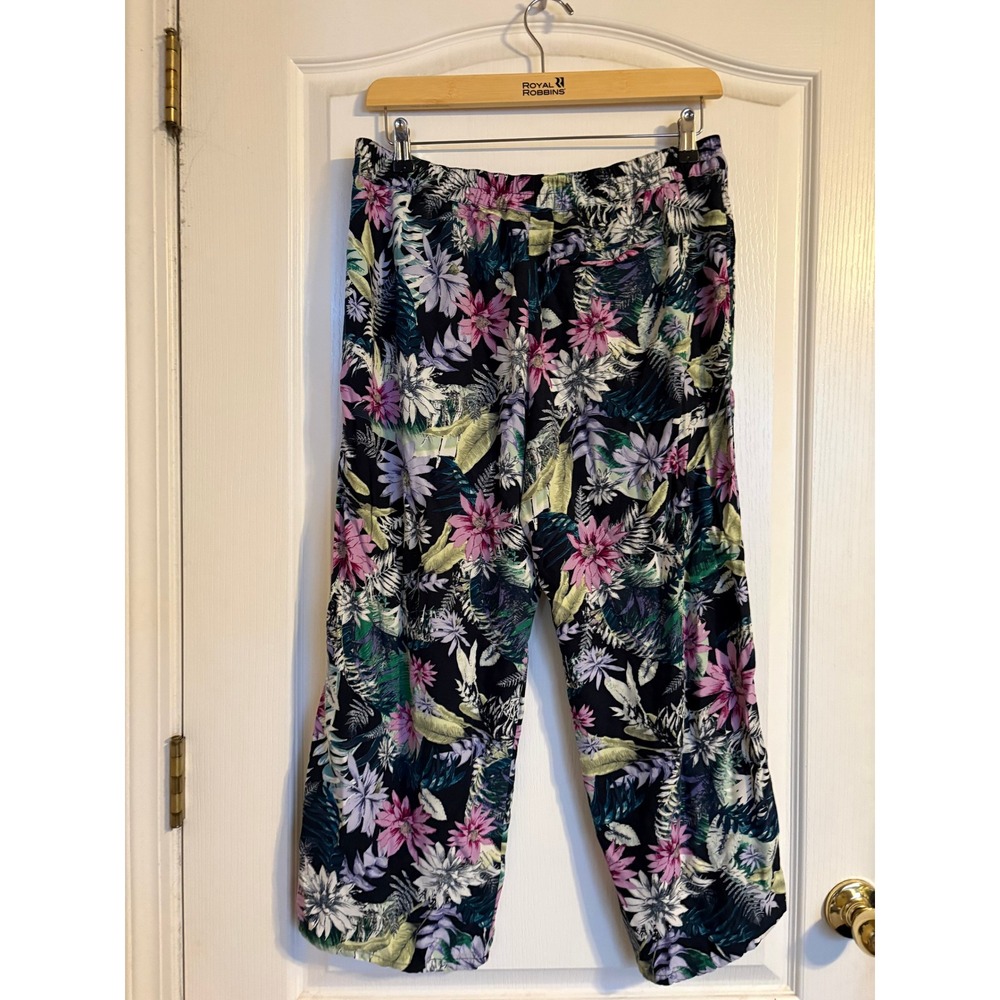 J. Jill Cropped Wide Leg Pants Womens Medium‎ Black Floral Rayon Tropical Resort